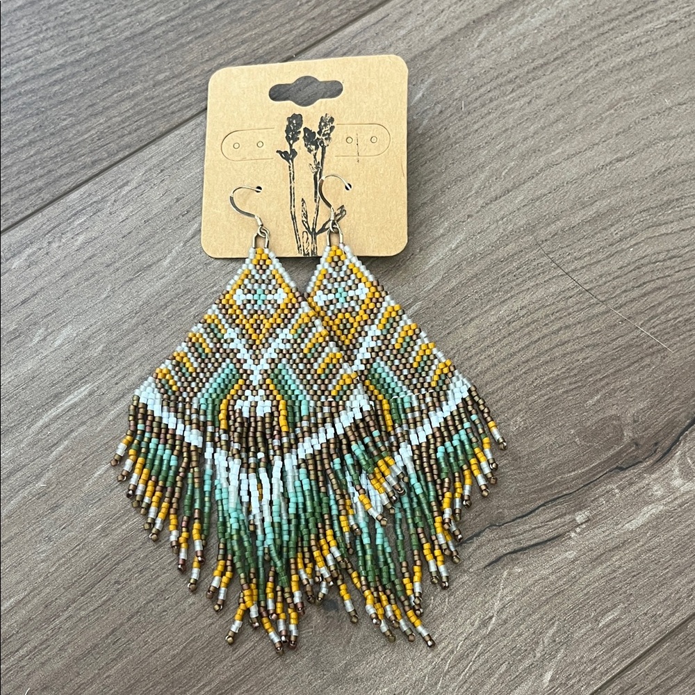 Handcrafted Beaded Earrings - Green, Yellow, Brown